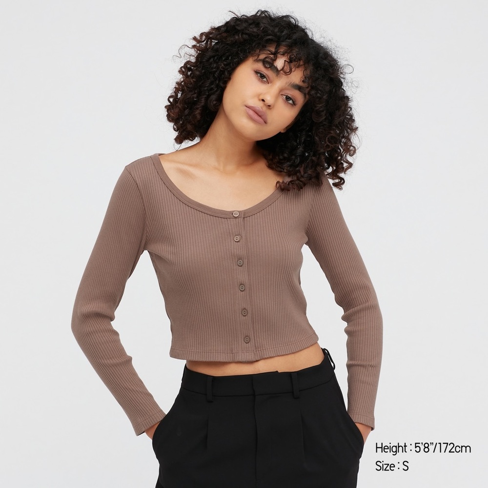 Uniqlo Brown Cropped Ribbed Cardigan Top